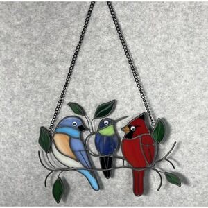 Stained Glass Window Panel Birds On Branch Colorful Hanging‎ Sun Catcher NEW